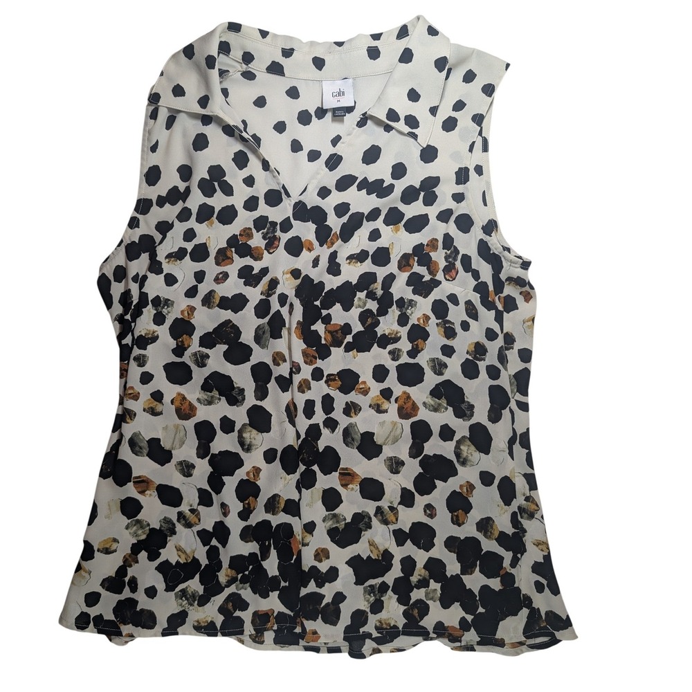 Cabi‎ Sleeveless Blouse Womens Medium Cream Black Abstract Dot V-Neck Top